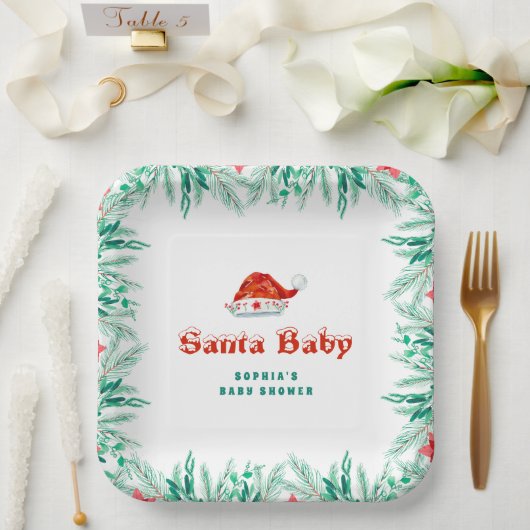 Winter Greenery Santa Hat Christmas Baby Shower ペーパープレート (ウェディング)