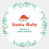 Winter Greenery Santa Hat Christmas Baby Shower ラウンドシール (正面)