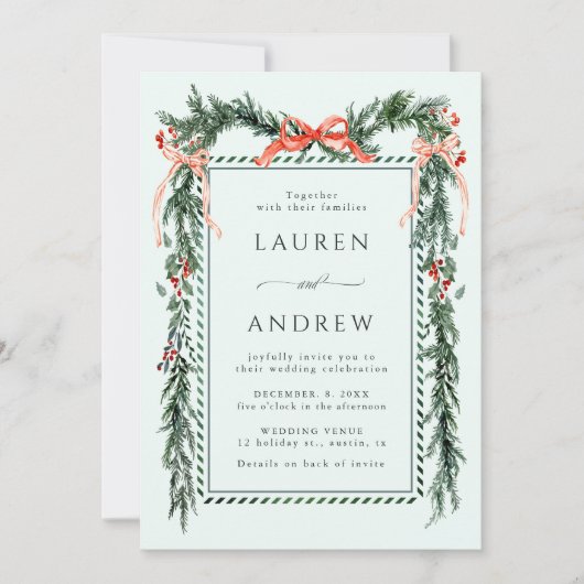 Winter Greens Garland Wedding All in One Mint 招待状 (正面)