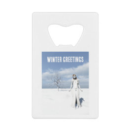 Winter Greetings. Female elf walking in the snow  クレジットカード栓抜き