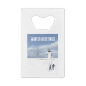 Winter Greetings. Female elf walking in the snow  クレジットカード栓抜き (裏面)