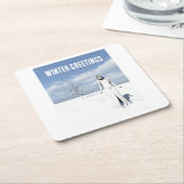 Winter Greetings. Female elf walking in the snow  スクエアペーパーコースター (アングル)