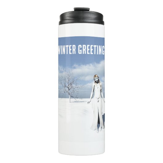 Winter Greetings. Female elf walking in the snow  タンブラー (正面)