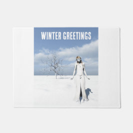 Winter Greetings. Female elf walking in the snow  ドアマット