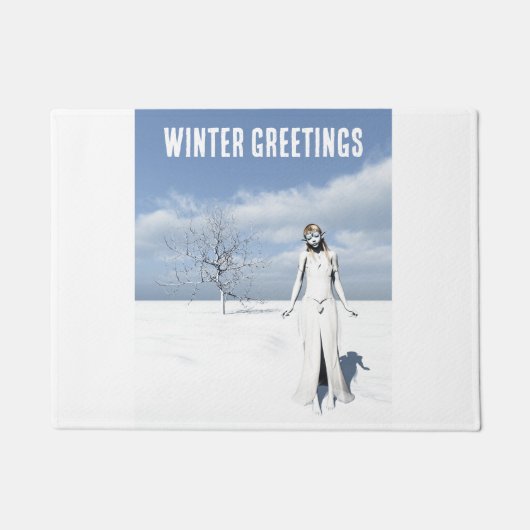 Winter Greetings. Female elf walking in the snow  ドアマット (正面)