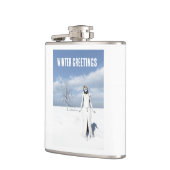 Winter Greetings. Female elf walking in the snow フラスク (左)