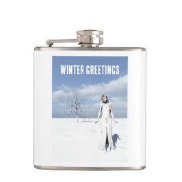 Winter Greetings. Female elf walking in the snow  フラスク