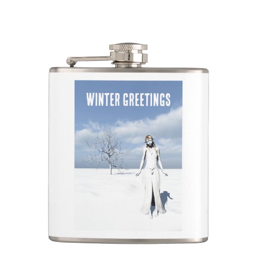 Winter Greetings. Female elf walking in the snow フラスク (正面)