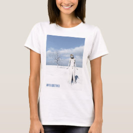 Winter Greetings. Female elf walking in the snow Tシャツ