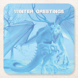 Winter Greetings. Ice dragon with antlers スクエアペーパーコースター