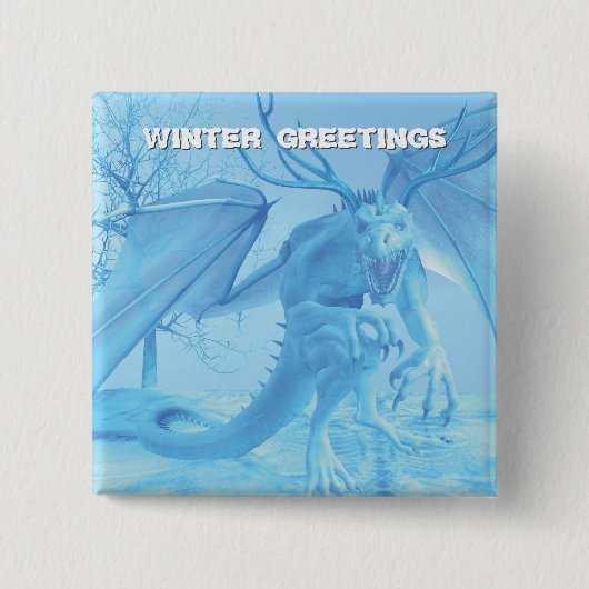 Winter Greetings. Ice dragon with antlers 缶バッジ (正面)