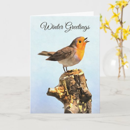 Winter Greetings. Robin singing  カード (黄色い花)