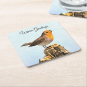 Winter Greetings. Robin singing  スクエアペーパーコースター (アングル)