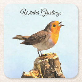 Winter Greetings. Robin singing  スクエアペーパーコースター