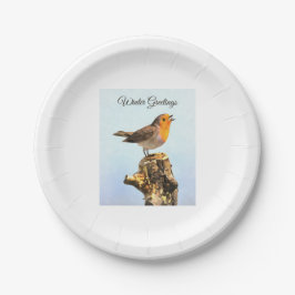 Winter Greetings. Robin singing  ペーパープレート