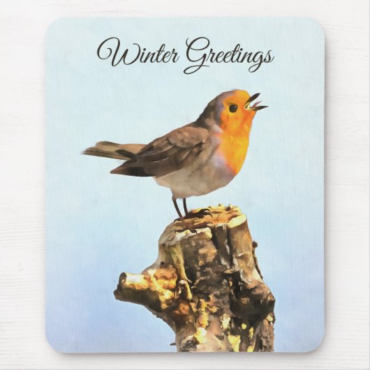 Winter Greetings. Robin singing  マウスパッド (正面)
