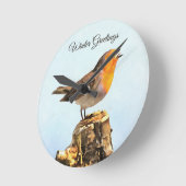 Winter Greetings. Robin singing  ラウンド壁時計 (傾斜)