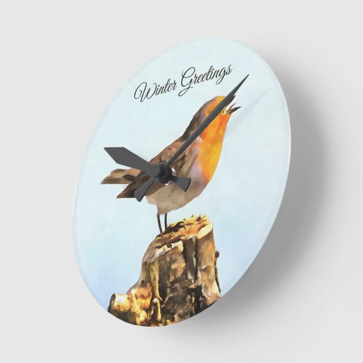Winter Greetings. Robin singing ラウンド壁時計 (傾斜)