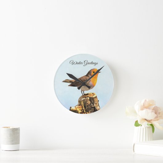 Winter Greetings. Robin singing  ラウンド壁時計 (ホーム)