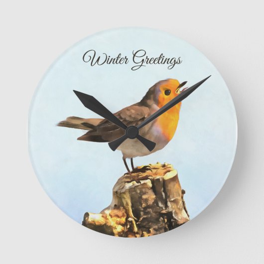 Winter Greetings. Robin singing  ラウンド壁時計 (正面)