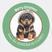 Winter Hat Christmasで愛らしいロットワイラーの子犬 ラウンドシール (正面)