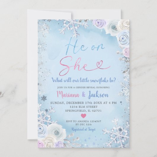 Winter He or She Snowflake Christmas Gender Reveal 招待状 (正面)