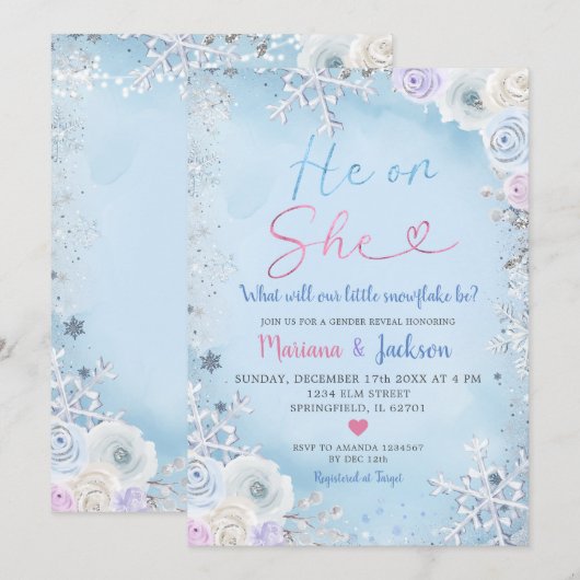 Winter He or She Snowflake Christmas Gender Reveal 招待状 (正面/裏面)