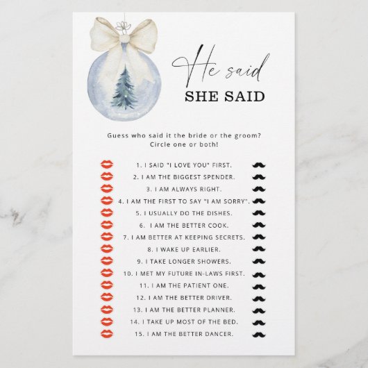 Winter He said she said bridal shower game (正面)