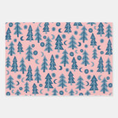 Winter Holiday Blue Pink Trees Pattern Gift ラッピングペーパーシート (正面)