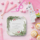 Winter Holiday Botanical Greenery Glitter Wedding ペーパープレート (パーティー)