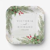 Winter Holiday Botanical Greenery Glitter Wedding ペーパープレート (正面)