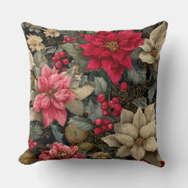Winter Holiday Poinsettias And Berries Floral クッション