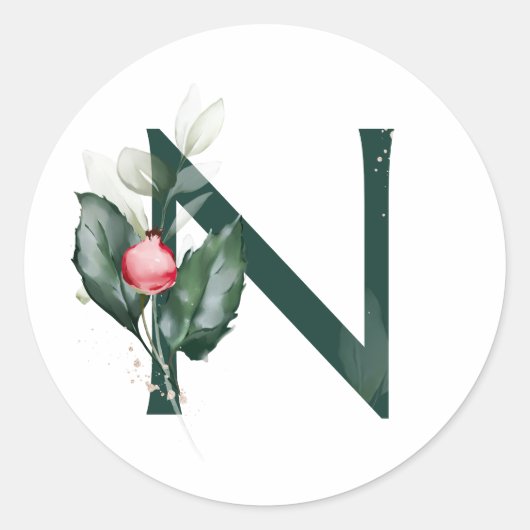 Winter holidays MONOGRAM red poinsettia berries  C ラウンドシール (正面)