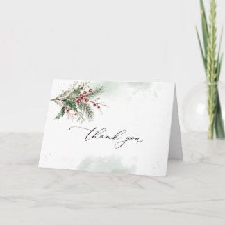 Winter Holly Berries Watercolor 結婚式 折りたたみ サンキューカード