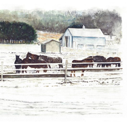Winter Horse Farm Watercolor