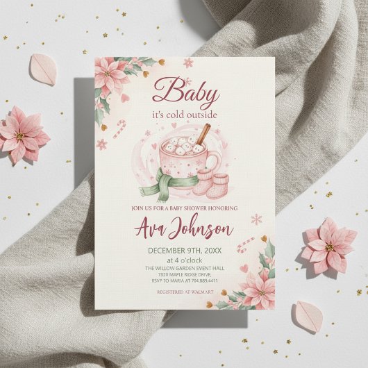 Winter Hot Cocoa Baby Shower Invitation Pink 招待状