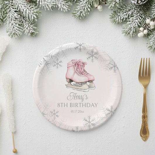 Winter Ice Skating Birthday Pink Silver Snowflakes ペーパープレート