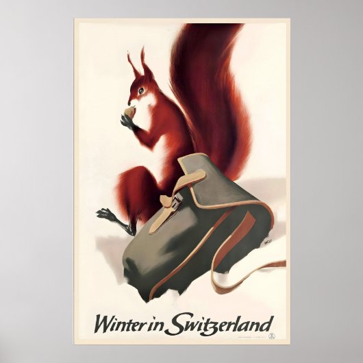 Winter in Switzerland Squirrel Vintage Travel ポスター (正面)
