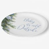 Winter It's Cold Outside Blue Bow Baby Shower ペーパープレート (アングル)