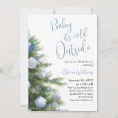 Winter It's Cold Outside Blue Bow Baby Shower 招待状 (正面)