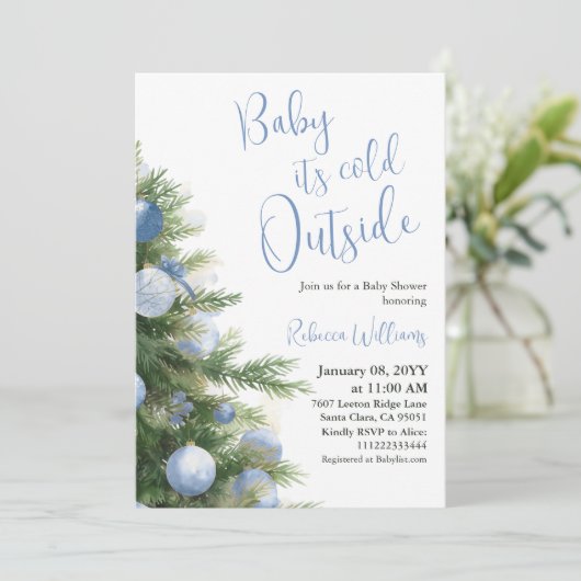 Winter It's Cold Outside Blue Bow Baby Shower 招待状 (スタンド正面)