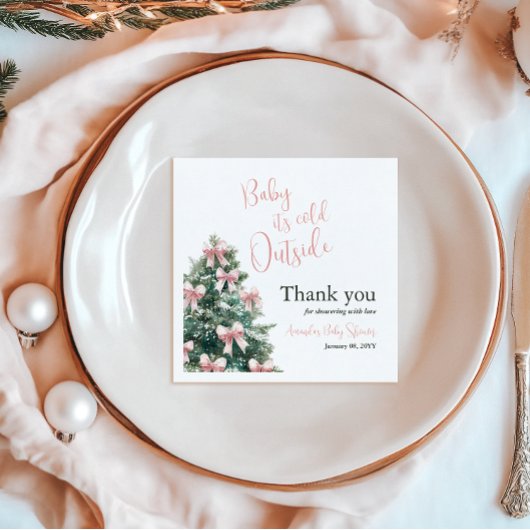 Winter It's Cold Outside Pink Bow Girl Baby Shower スタンダードカクテルナプキン