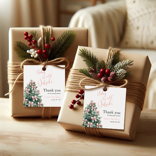 Winter It's Cold Outside Pink Bow Girl Baby Shower フェイバータグ