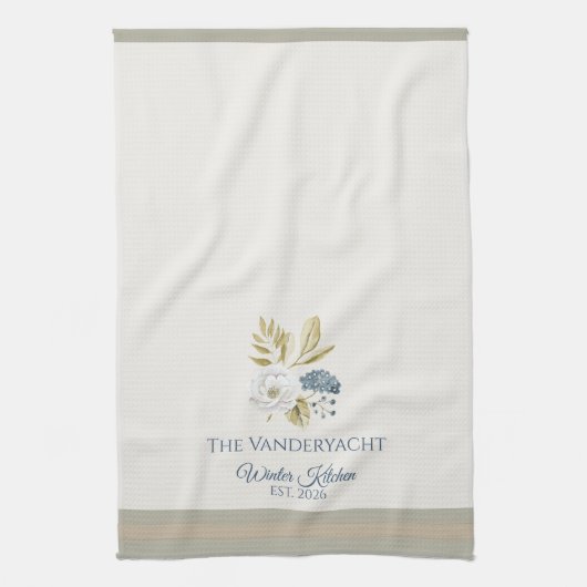 Winter Kitchen Floral Blueberries White Bloom キッチンタオル (縦)