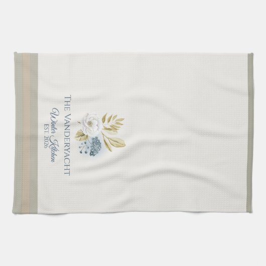 Winter Kitchen Floral Blueberries White Bloom キッチンタオル (横)