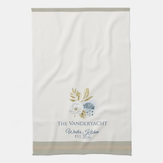 Winter Kitchen Floral Blueberries White Bloom キッチンタオル (縦)