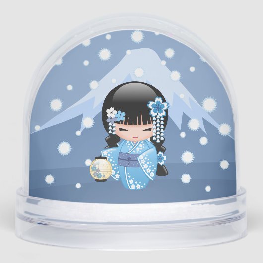 Winter Kokeshi Geisha Blue Girl Snow Globe (正面)