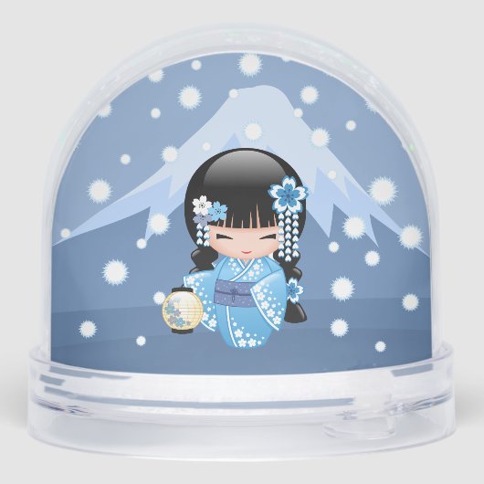 Winter Kokeshi Geisha Blue Girl Snow Globe (裏面)