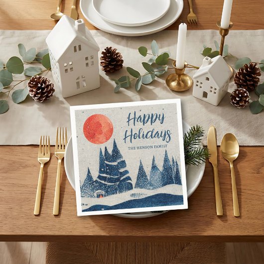 Winter Landscape Forest Moon Navy Blue Drawing  スタンダードカクテルナプキン