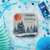 Winter Landscape Forest Moon Navy Blue Drawing  ペーパープレート (パーティー)